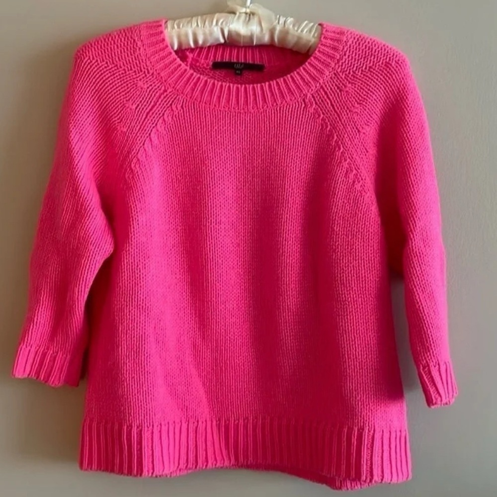 Tibi Hot Pink Wool Blend Sweater XS 3/4 Sleeve Crewneck Knit Pullover